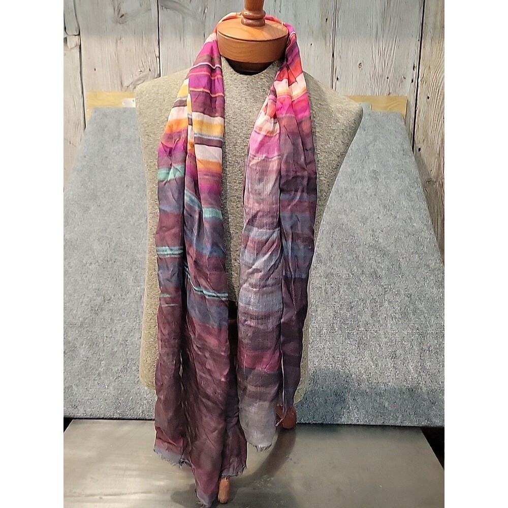Hang N Hold Scarf Womens 100% Silk Purple Pink Striped Sheer Fringe Wrap